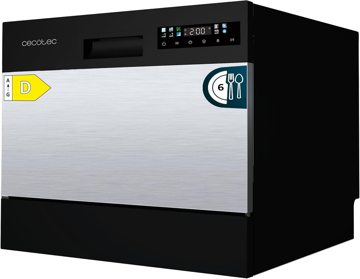Cecotec Lavavajillas compacto, Libre Instalación 6 cubiertos Bolero Aguazero 2300 Inox. 6 Cubiertos, 8 Programas, Clase D, Touch Panel a Color, Delay