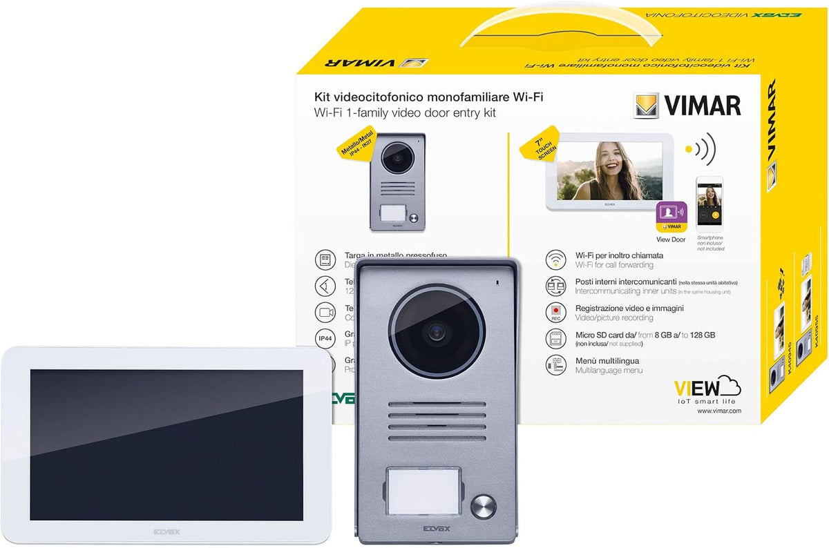 Vimar Interfono, K40945 Kit videoportero contenido: videoportero Wi-Fi LCD 7in pantalla táctil, placa de entrada audio/vídeo de 1 botón, alimentador