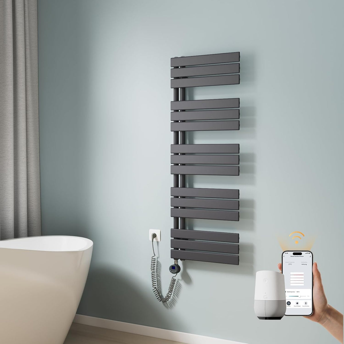Radiador EMKE, Toallero eléctrico con WiFi, 1320 x 500 mm, Plano, radiador de baño, toallero eléctrico, Calentador de Toallas con termostato y Varilla