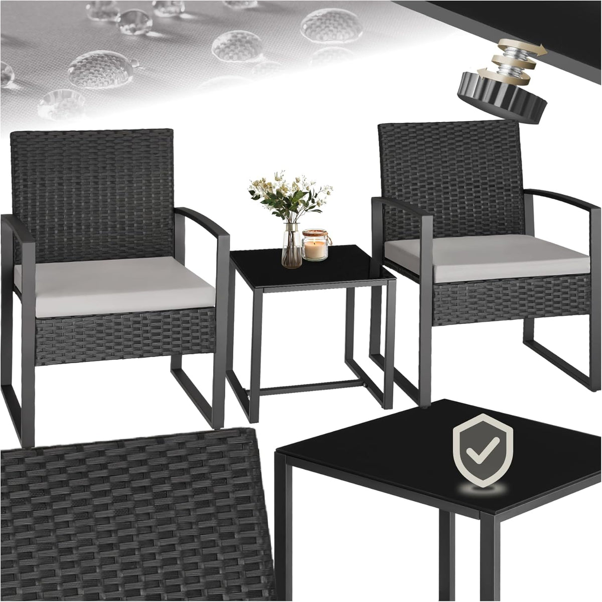 Juegos de comedor de tectake, ® Conjunto Jardín Exterior para 2 Personas, Muebles de Jardin 2 Sillas Ratán con Cojines y Mesa Terraza con Tablero