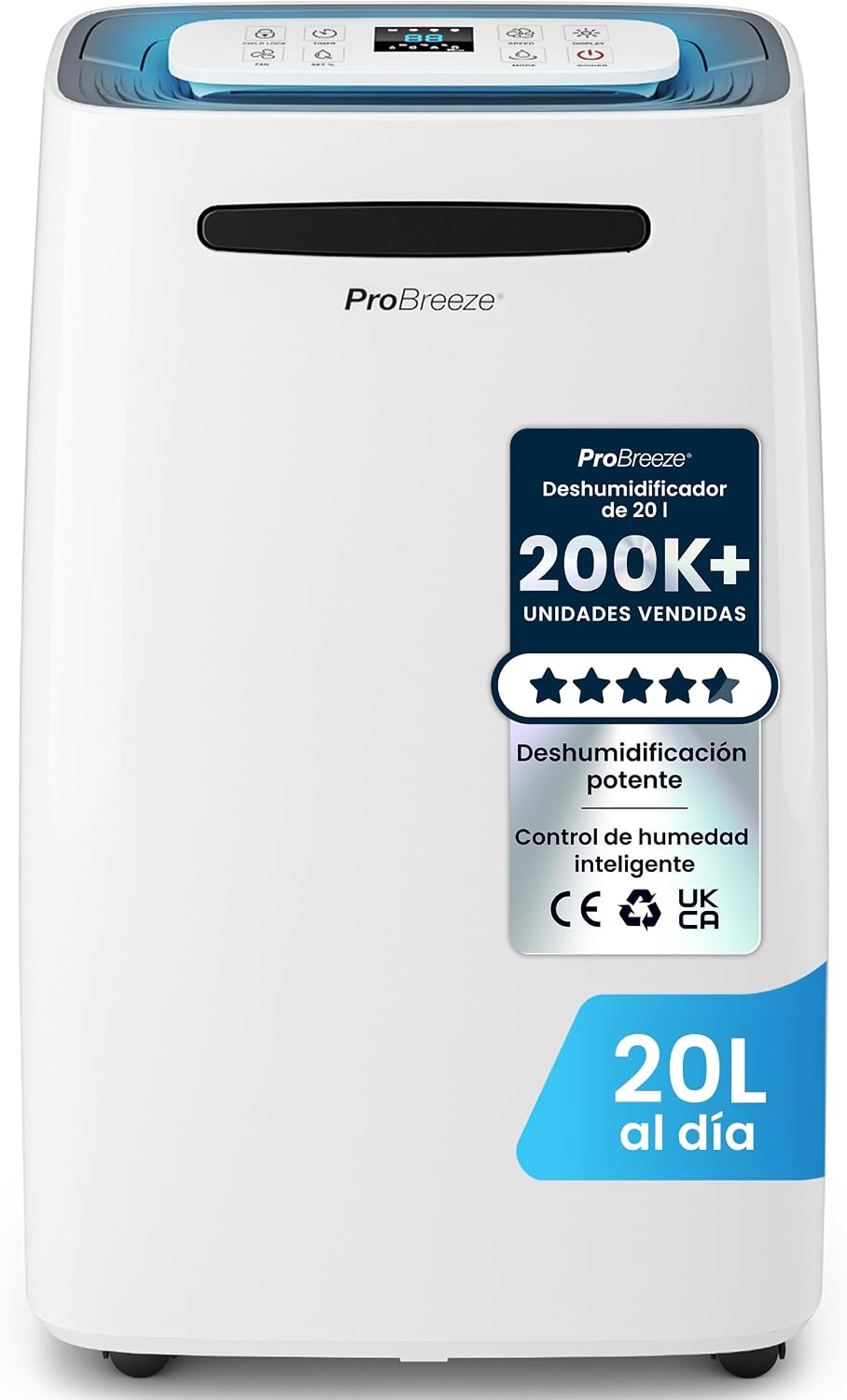 Deshumidificador de Pro Breeze, 20L Antihumedad, Deshumidificador Silencioso para Habitaciones hasta 30 m², Depósito Extraíble, Desagüe Continuo, 4