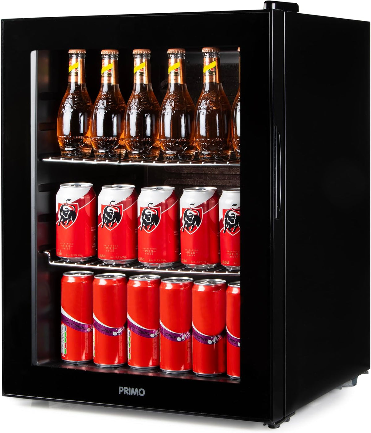 PR179BC de PRIMO, mini frigorífico, Refrigerador para bebidas - Minibar - Mini nevera - Puerta acristalada - Colocación libre - 60L - D - Negro