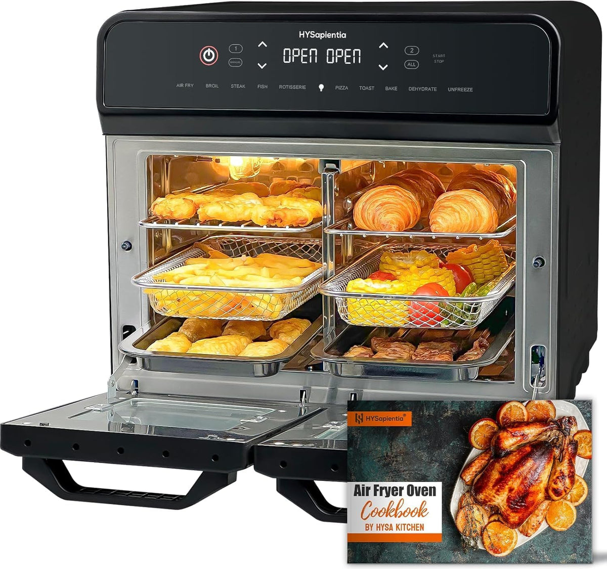 HYSapientia Freidora de aire, ® 22L Freidora de Aire Caliente 2 Cámaras, Freidora sin Aceite con Pantalla Táctil LED, Dual Zone Air Fryer Oven con 10