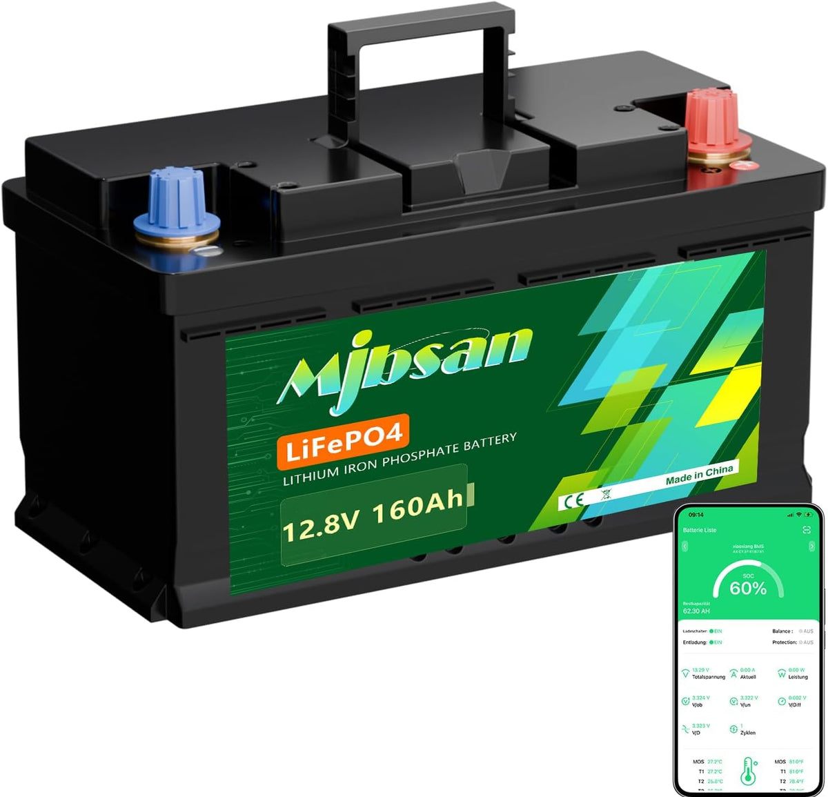 Mjbsan Baterías de ciclo profundo, Batería de litio 12V 160Ah LiFePO4 H190 Bluetooth Akku für Wohnmobile Solar