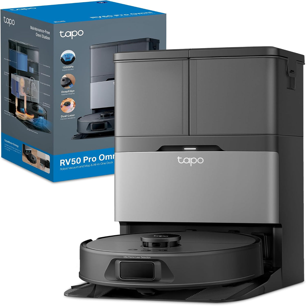 Robot aspirador Tapo, RV50 Pro Omni, 15.000 Pa, Navegación Láser Dual, Autovaciado, Cepillos Antienredo para Mascotas, Limpieza de Bordes, Estación