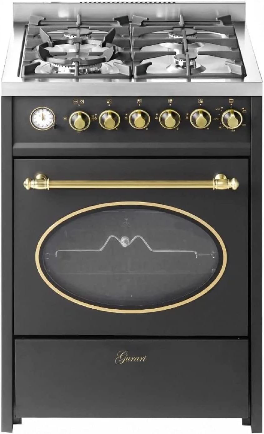Gurari Cocina independiente, 614 BL Cocina de pie 60 cm Gas natural Fl.Gas 4 Kw WOK, Barbacoa de gas, Range Cooker, Cajón con cochecito, Control de