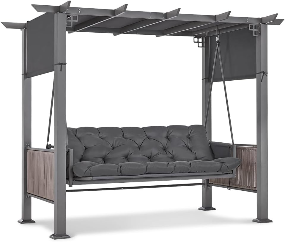 Balancin de M MCombo, Columpio Hollywood de 3 plazas con función de Cama y pabellón de jardín, Columpio con toldo retráctil, cojín de Asiento