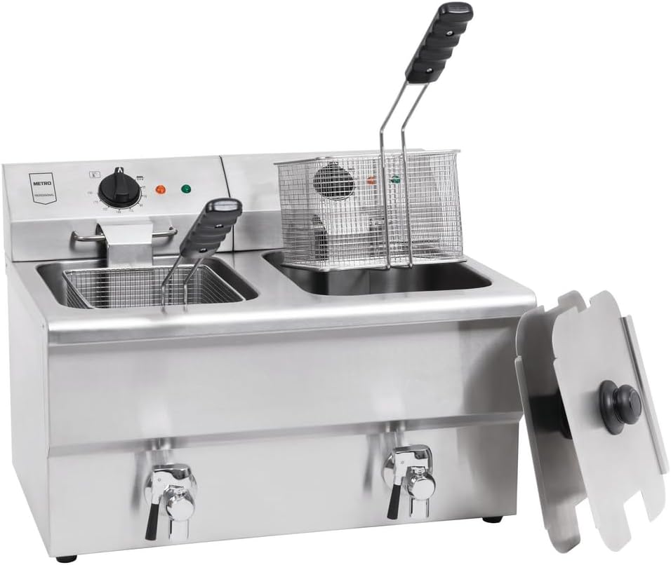 METRO Professional Freidora, Doble GDF5028, Acero Inoxidable SS304, 2x 8 L, con Grifo, Regulador de Temperatura, Zona Fría, Plateado