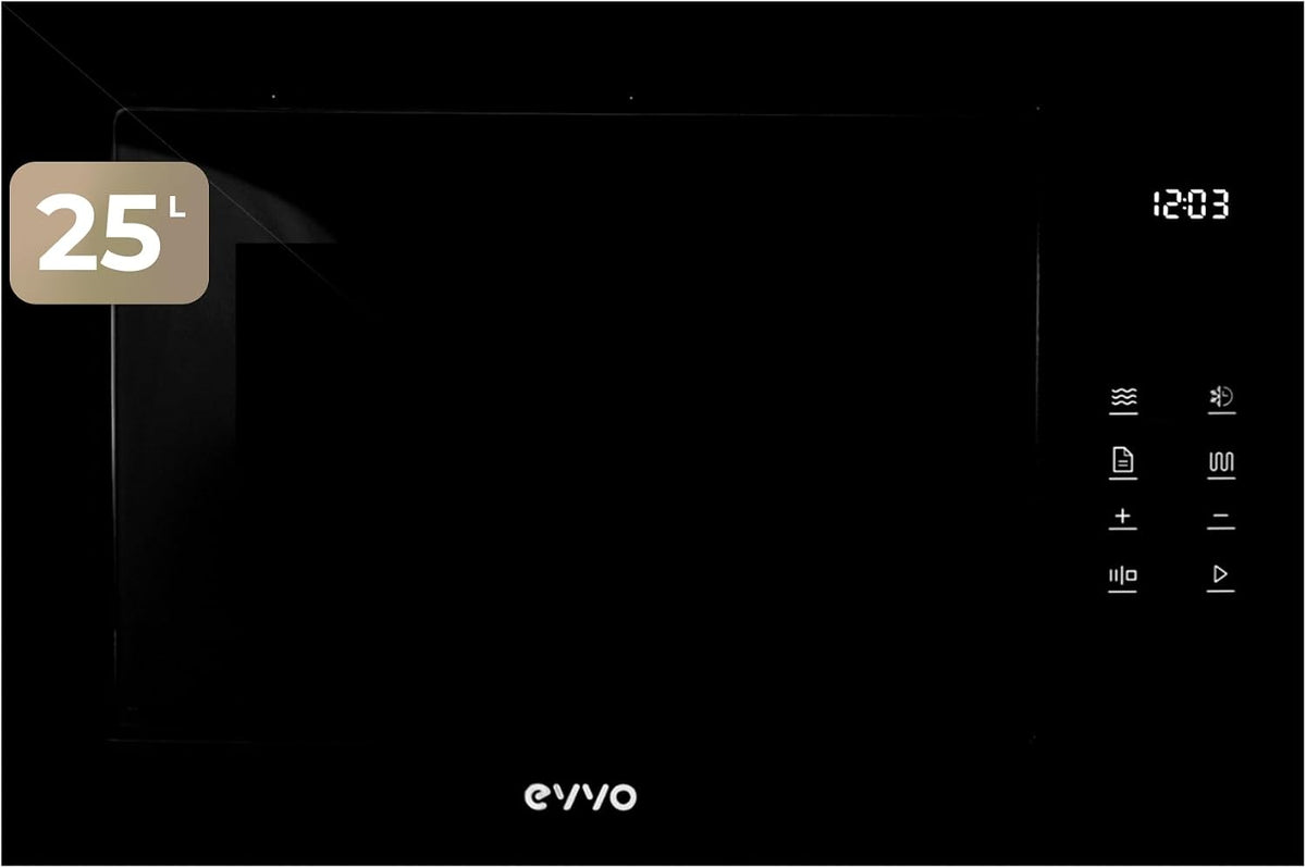 Microondas sencillo EVVO, Microondas Integrable Mi45 Glass Bl - Horno Microondas Grill, 1200W, 25L Capacidad, 8 Funciones, Acero Inoxidable, Display