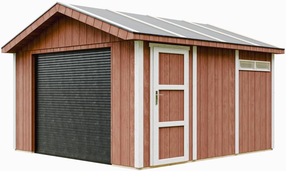 TIMBELA M990B-REDWOOD Cobertizos de almacenamiento, Garaje 13 m²- L378xL412 cm - Garaje para Motos, Bicicletas, máquinas de jardinería - Construcción