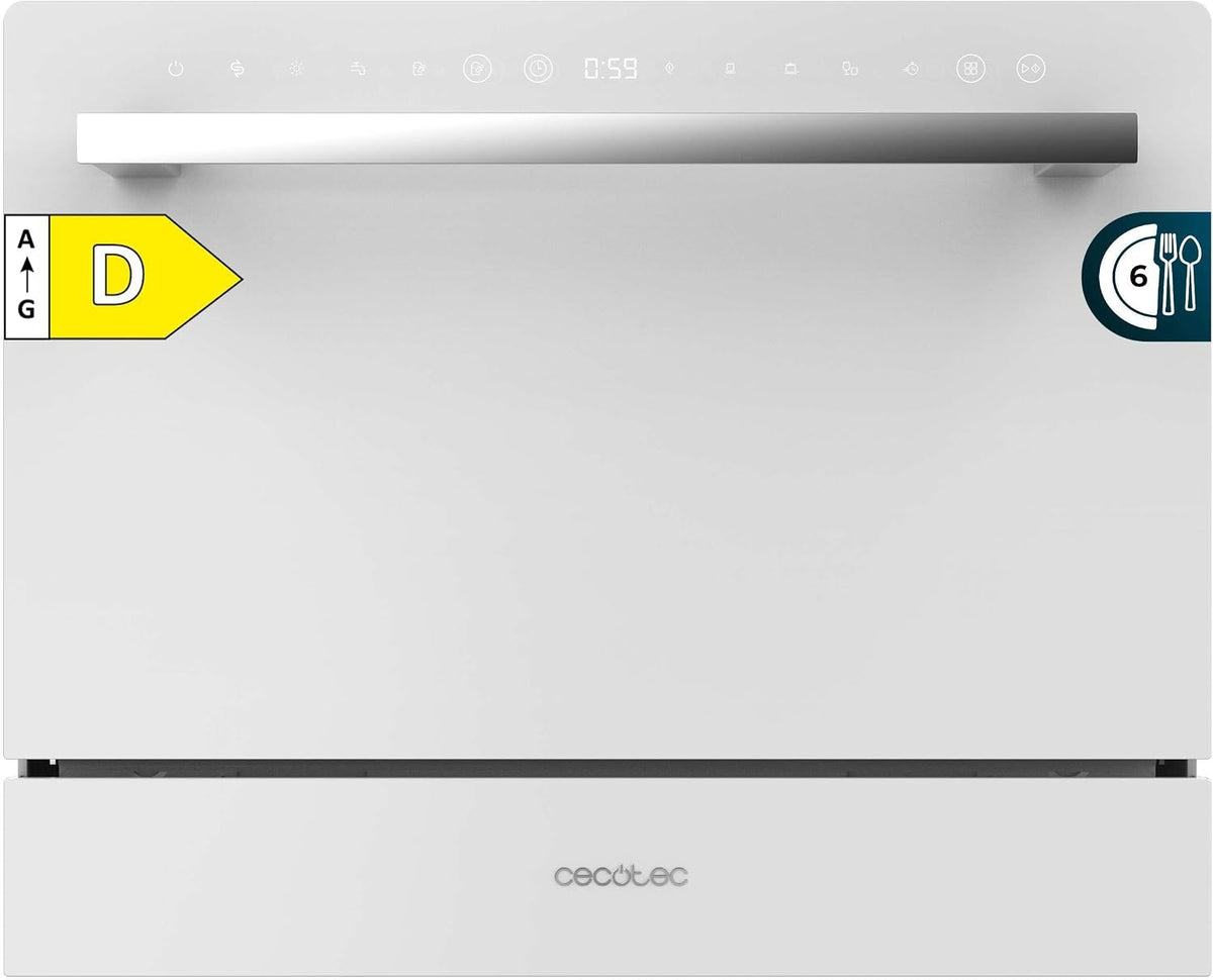 Cecotec Lavavajillas compacto, 6 Cubiertos Bolero Aguazero 2400 White Glass. 1380W, Acabado Cristal Blanco, 5 Programas, Control Panel Táctil