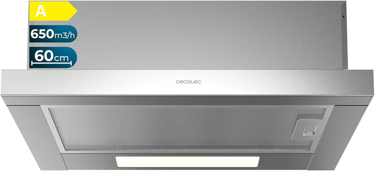 Campanas telescópica Cecotec, Campana Extractora Telescópica 60 cm Bolero Flux TLM 606500 Inox A. Motor 165W, Potencia Succión 650m3/h, Control