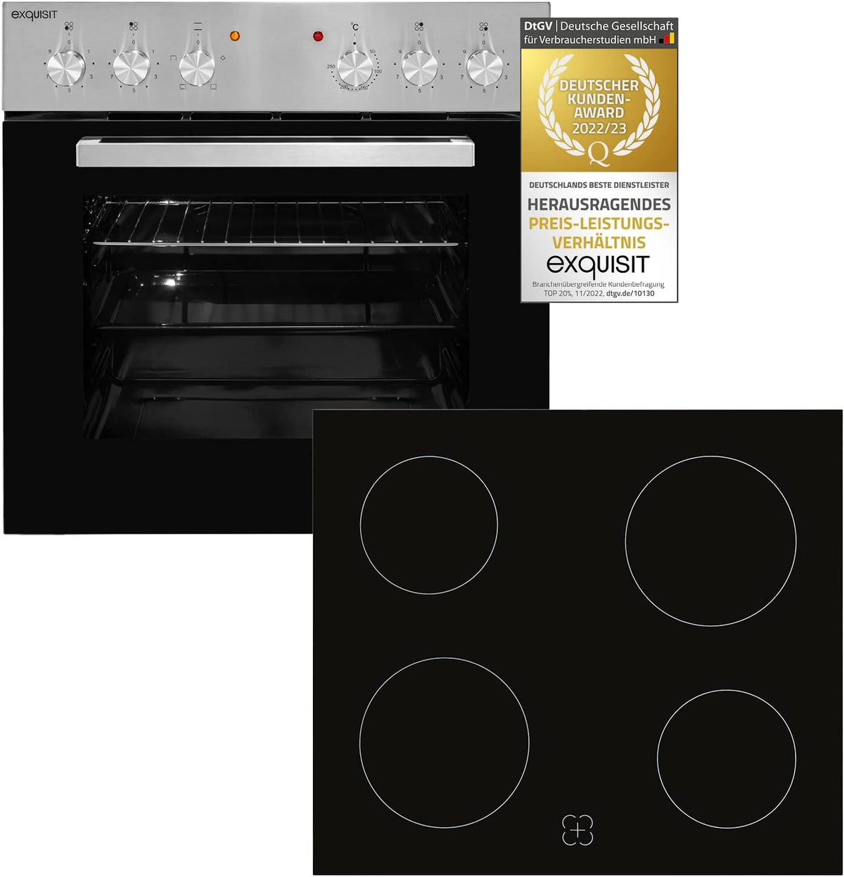 Exquisit Horno empotrable, EHE 146-2.1 Set de cocina empotrable, 59 litros de capacidad de horno, eficiencia energética A, vitrocerámica, acero