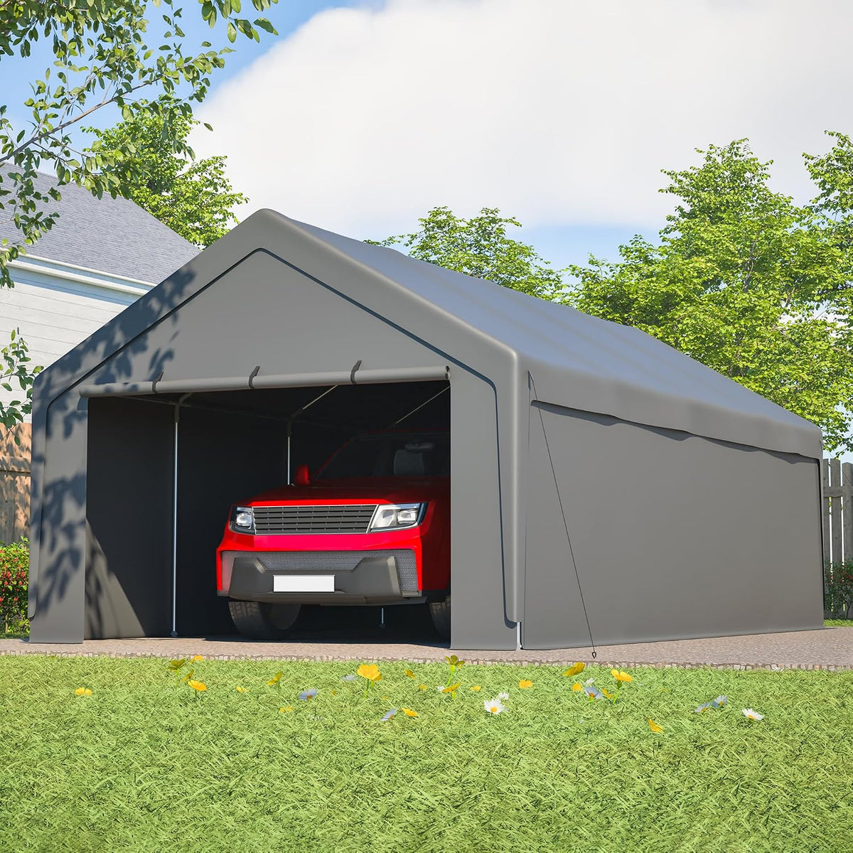 gonew21 Cochera, Carport 13'×25' resistente al agua galvanizado, 396 x 762 cm, 8 patas, SUV