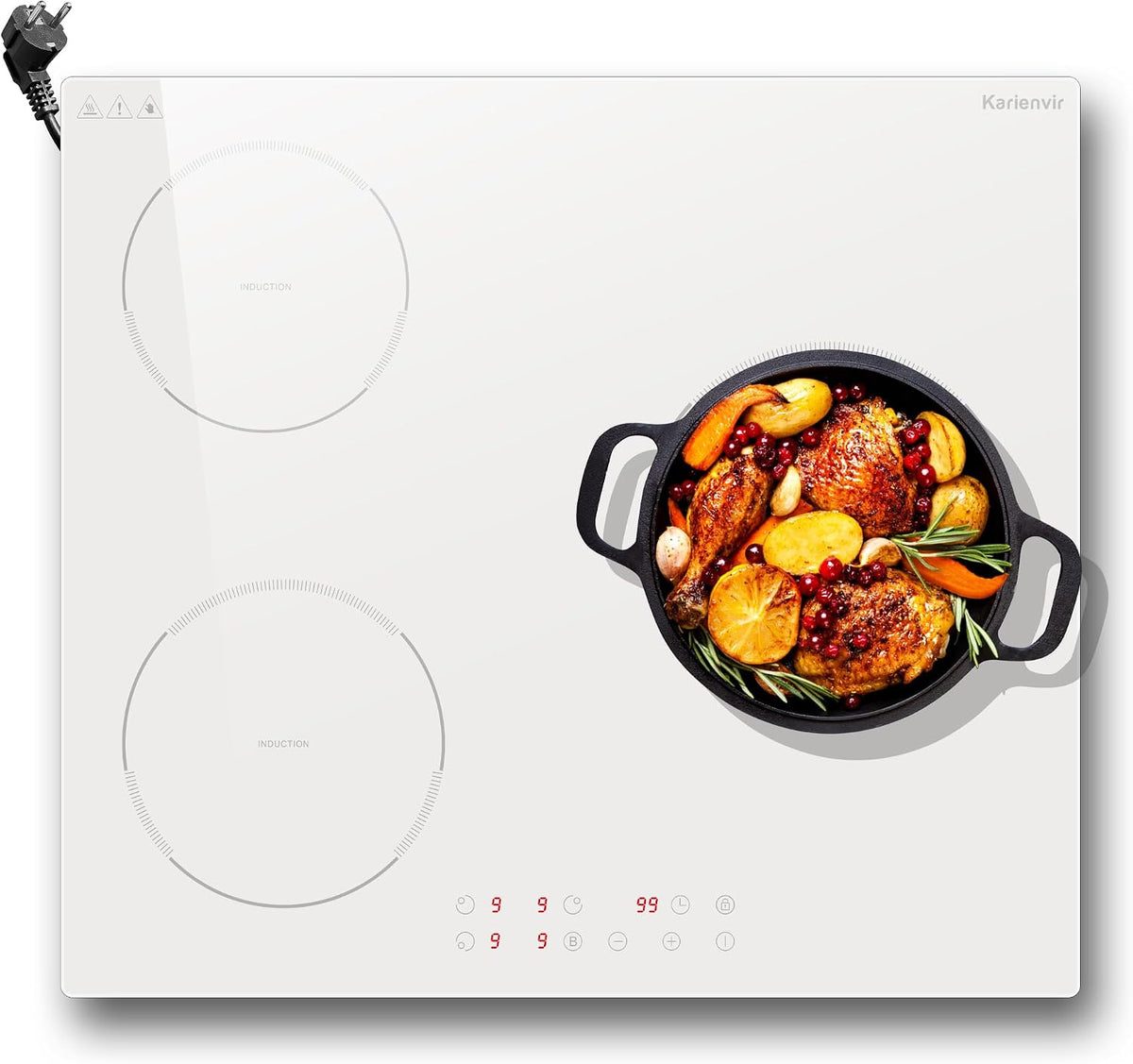 Placa de cocina de Karienvir, 60cm Placa Induccion Blanca 3 Fuegos con Boost, Enchufe, 3500W