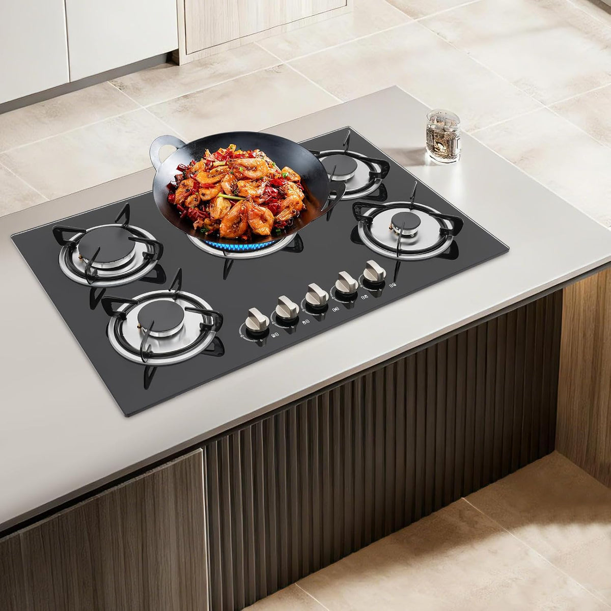 Placa de cocina Esyogen, Encimera de gas 5 Llamas Vidrio Templado Integrado Cocina de Gas Integrado Gas Natural Gas Propano LPG NG, 770 x 510 mm