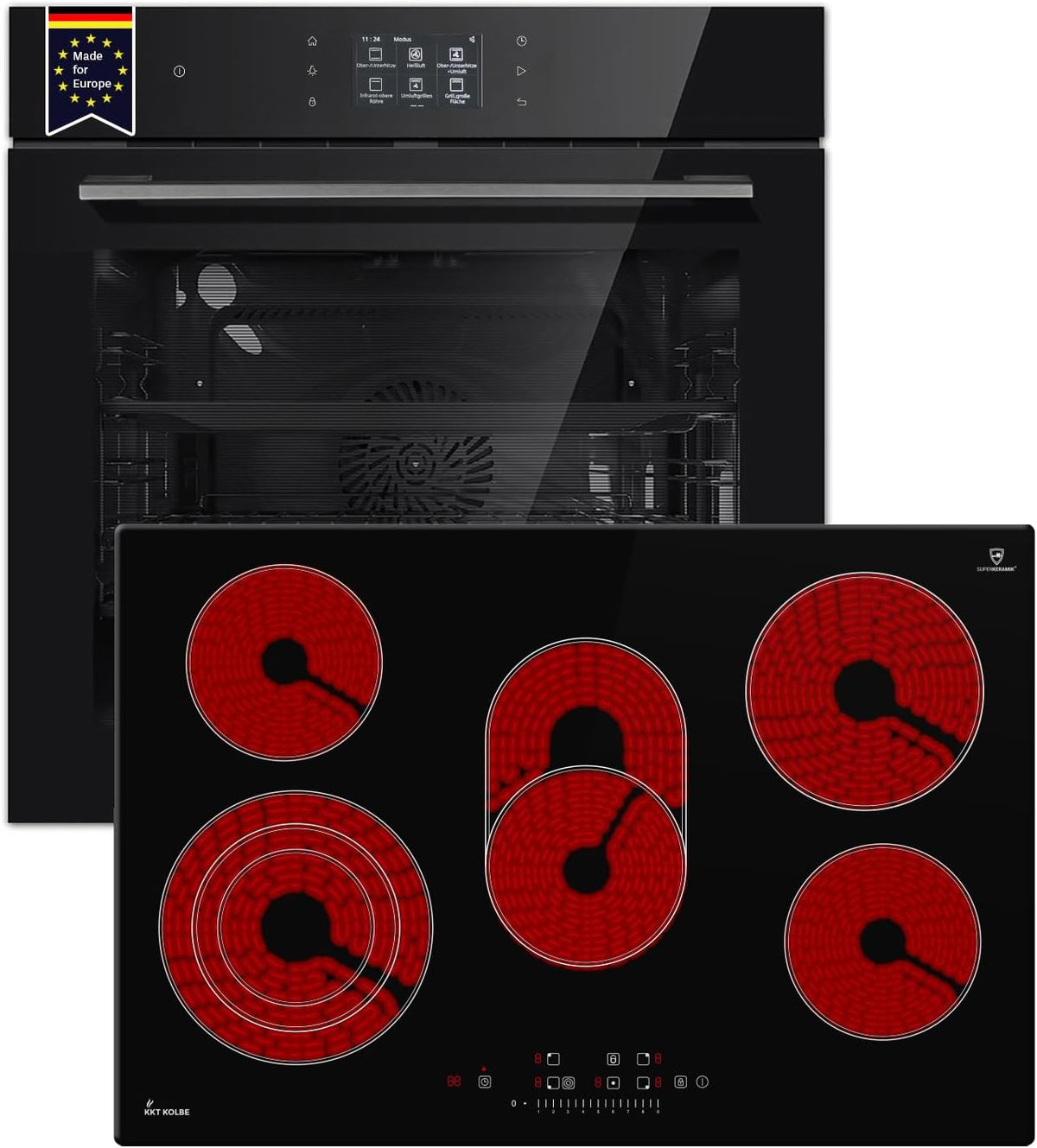 KKT KOLBE Cocina independiente, Juego de cocina autosuficiente EB8017TFT de 60 cm, placa vitrocerámica de 77 cm, pantalla TFT, cierre suave, catálisis
