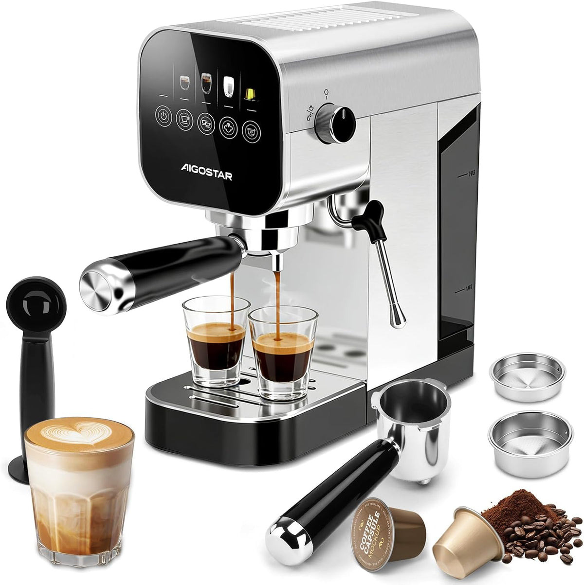 Máquinas de café espresso a vapor Cafetera Espresso 20 Bares para Cápsulas y Café Molido Inox, Aigostar
