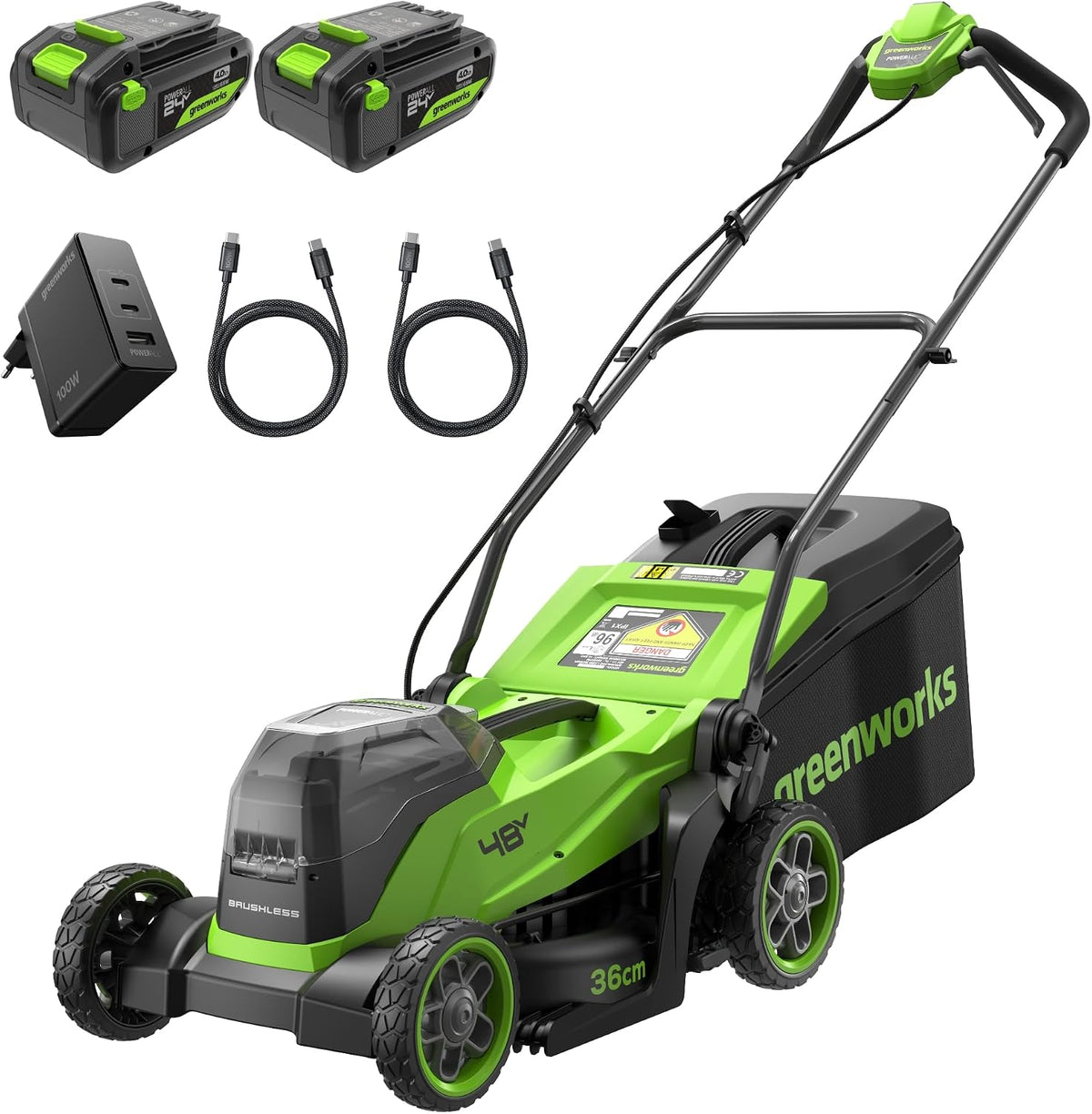 -MO48L421-01 de Greenworks, cortacéspedes rotativo, 48V (24V x 2) Cortacésped de batería 35cm Ancho Corte hasta 400m² 40L recogedor de Hierba 5 Veces