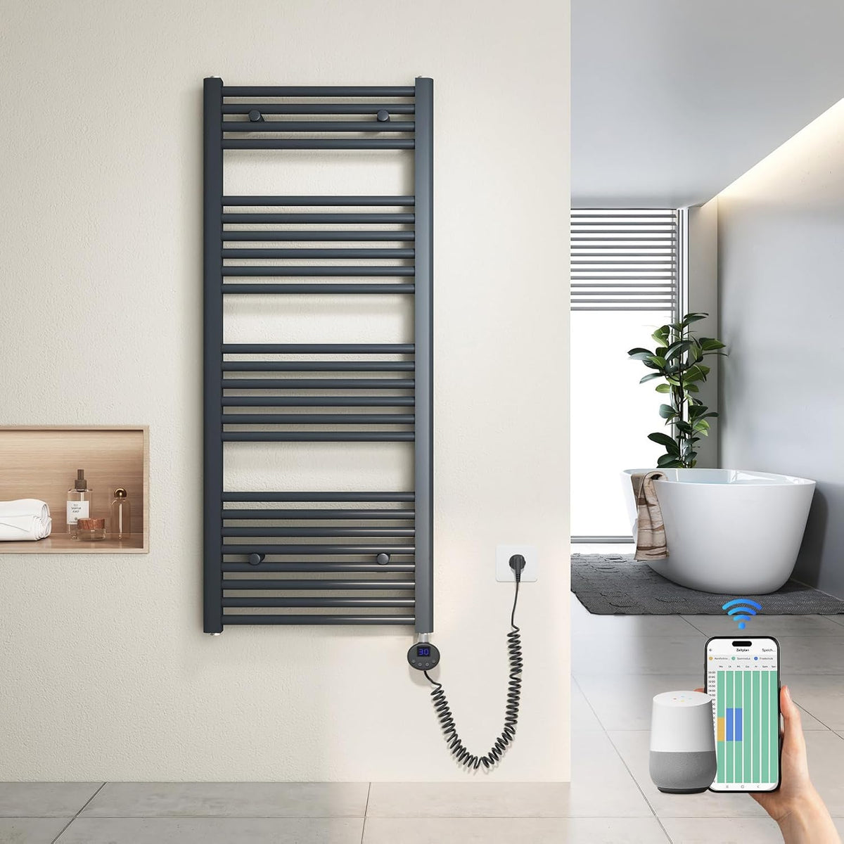 Calientatoalla Radiador Toallero Eléctrico 120x50 cm con WiFi, Secatoallas Inteligente con Control por App Tuya, Termostato Programable y Temporizador