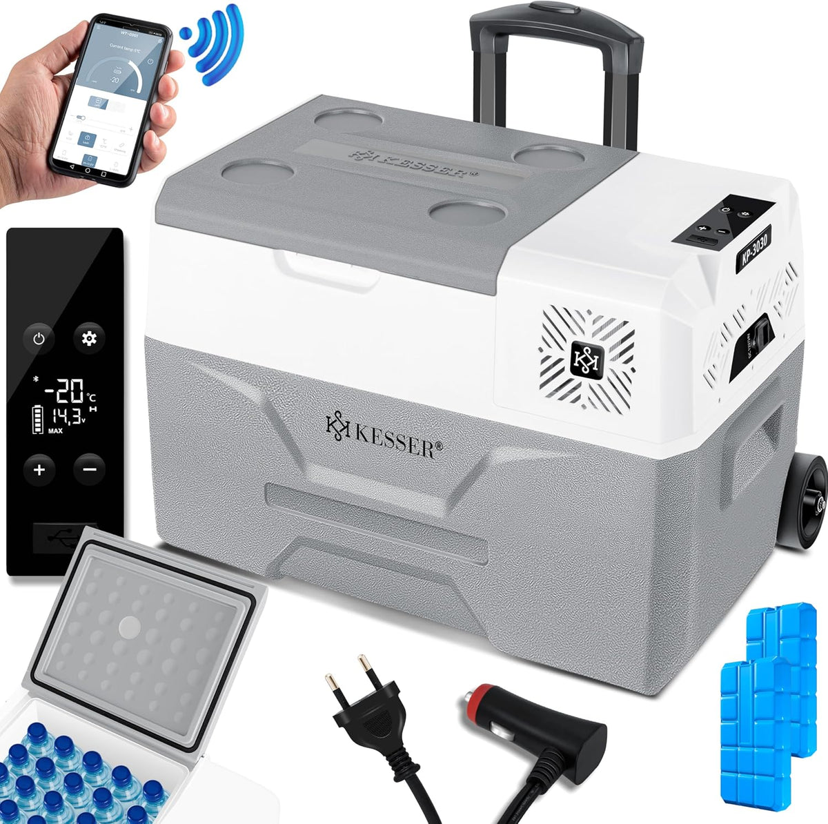 Nevera portátil de KESSER, ® Nevera eléctrica portátil de compresor 30 litros, congelador con control APP, conexión USB 12/24 V 230 V, + ruedas de