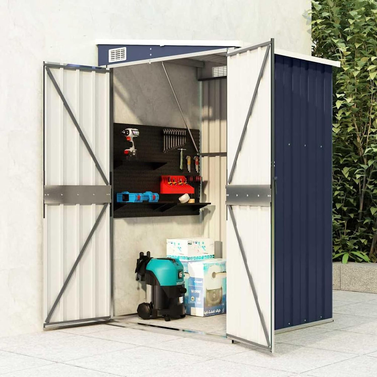 Tidyard Cobertizos de almacenamiento, Casa de Jardín de Pared de Acero Galvanizado con Doble Apertura y Seguridad Herramientas y Muebles, Color Gris