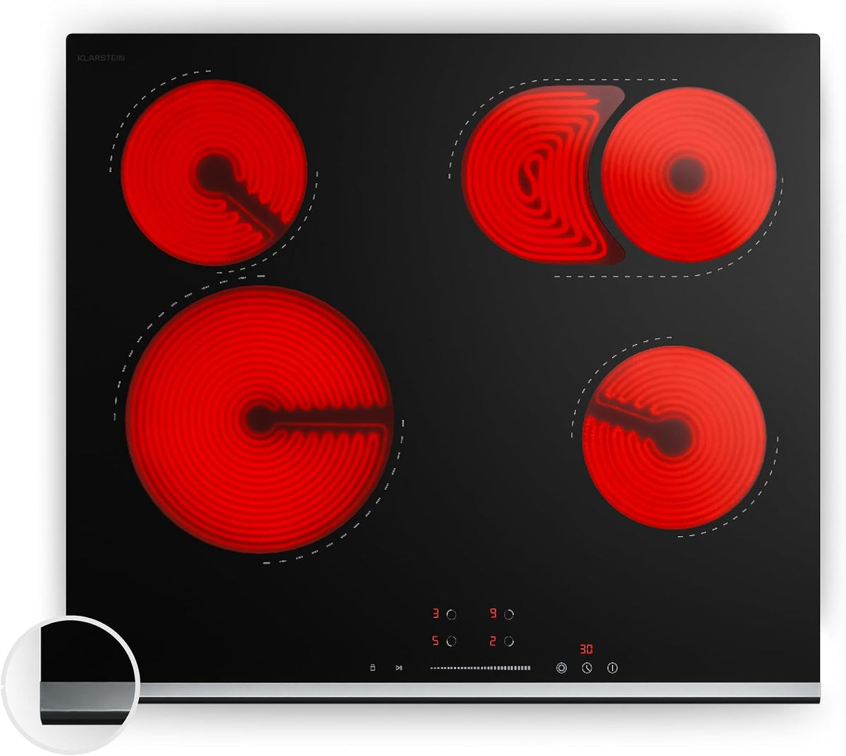 KLARSTEIN Placa de cocina, Verosteel Vitroceramica 60 cm - Placa 4 Zonas con Control Táctil, Temporizador, Bloqueo Infantil & Calor Residual