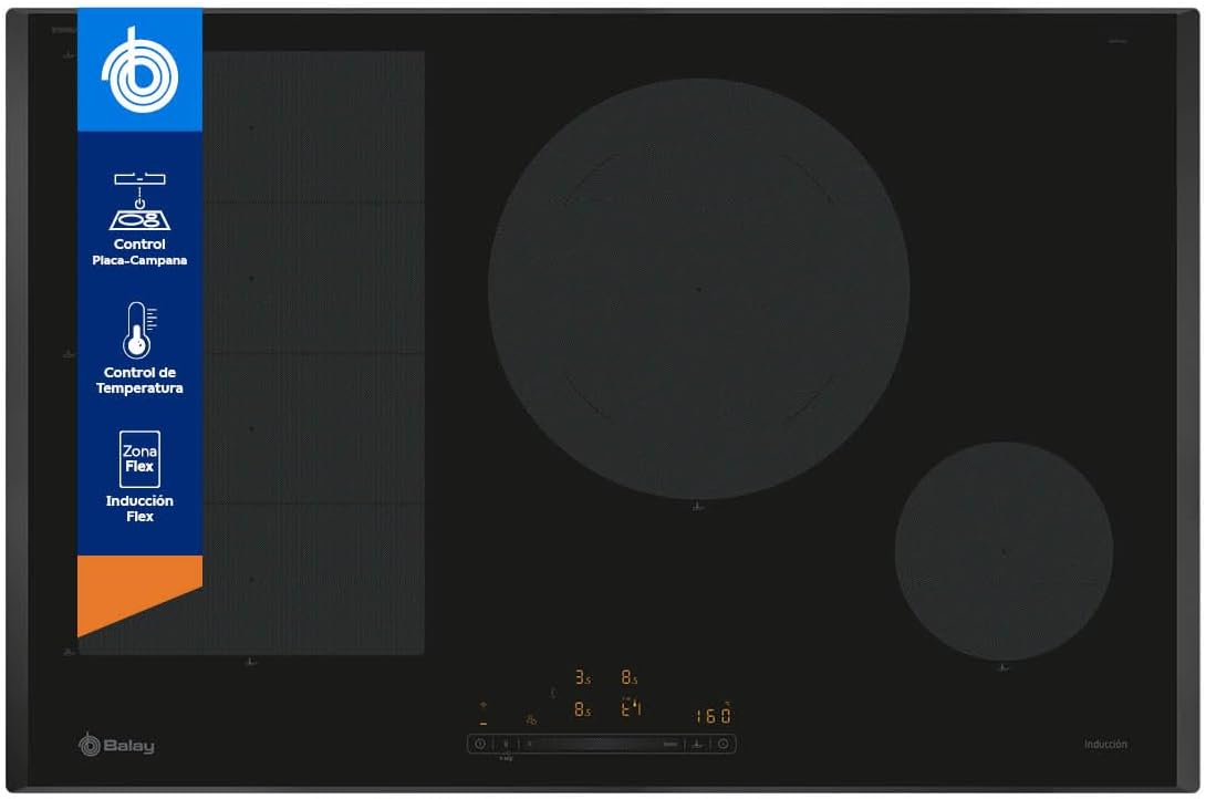 Placa de cocina Balay, Inducción, 80 cm, 3 Fuegos, FlexInducción, negro, 3EB989LH