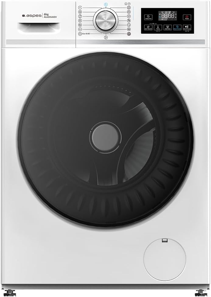Aspes AL6205AIDV Lavadora, 6 Kg Carga Frontal, Blanca,. Motor Inverter, Display Digital, Puerta Negra, Clase de Eficiencia Energética A, Tambor