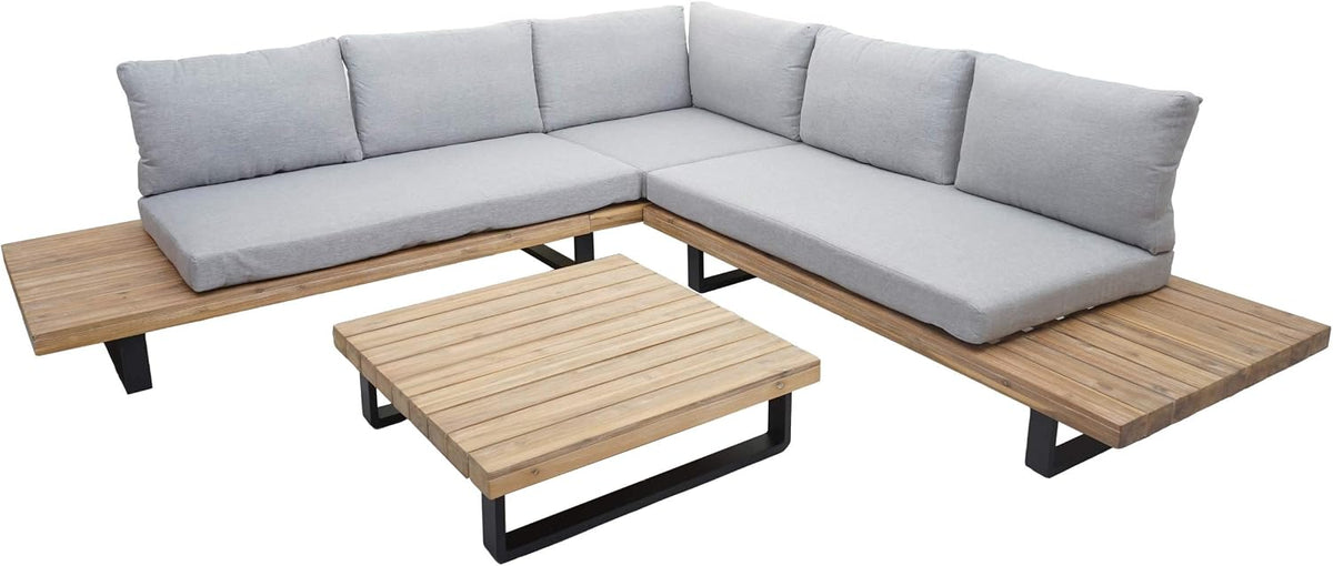 Sofá HWC-H54 - Juego de muebles de jardín (aluminio acacia, tapizado en gris claro), color marrón claro, Mendler
