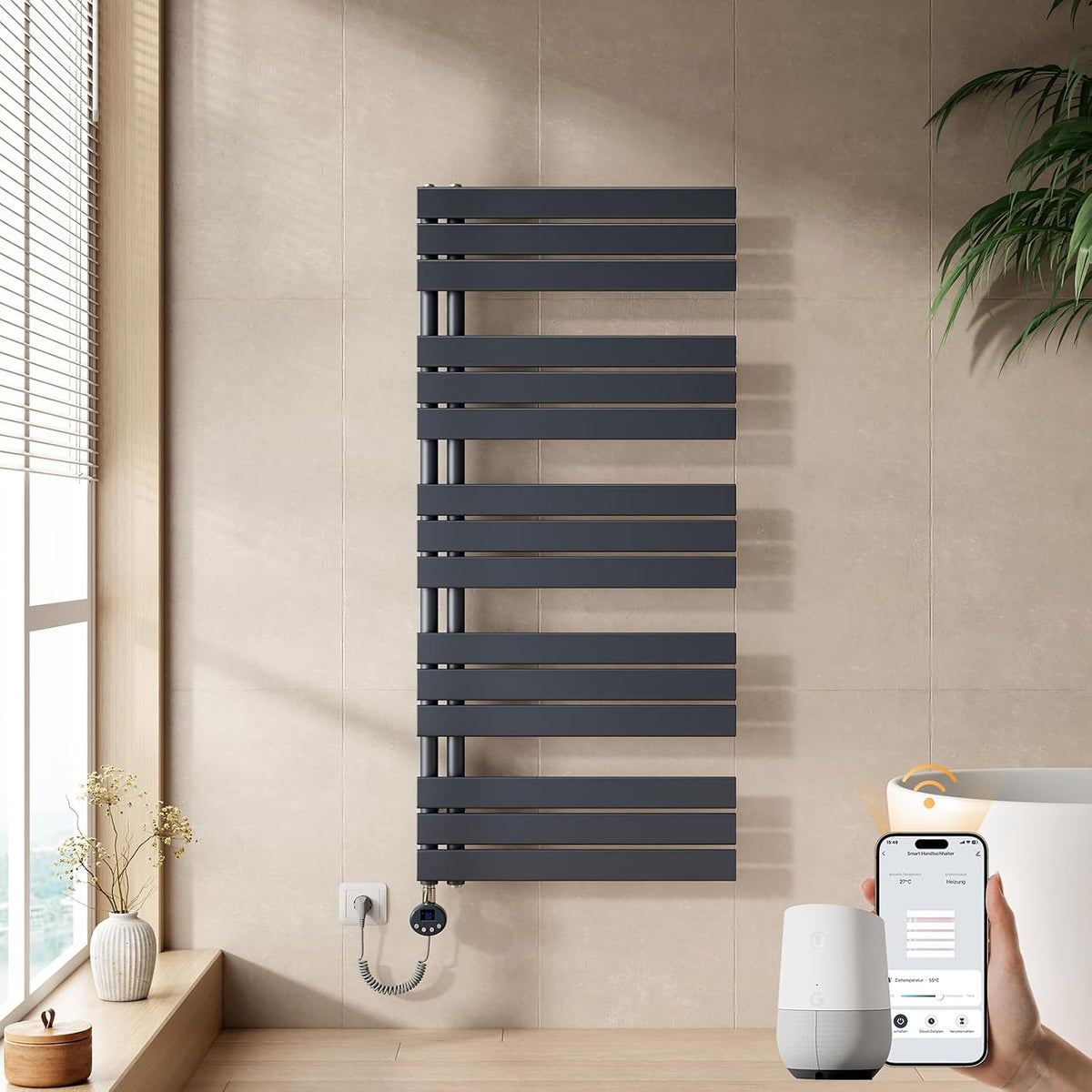 Calientatoalla EMKE, Toallero electrico baño con WiFi Termostato, 1320x600mm, 800W, Antracita