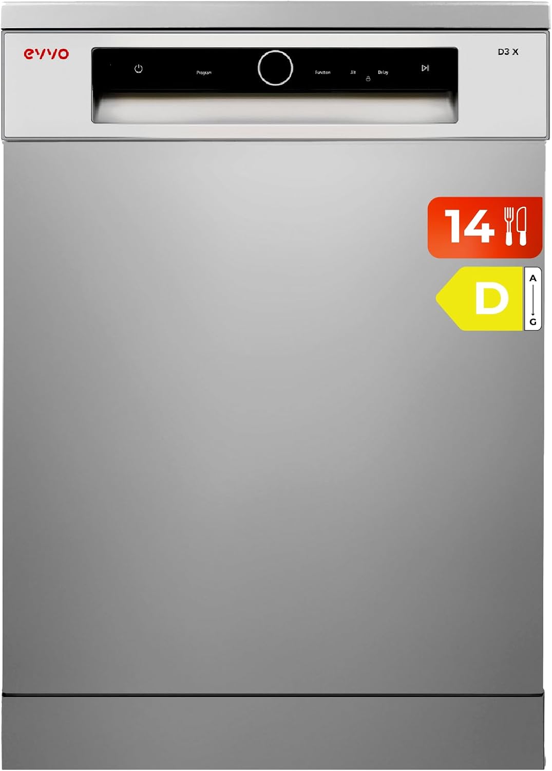 EVVO Lavavajillas, 60cm Ancho, Capacidad 14 Cubiertos, Eficiencia C, Programa Media Carga, Sensor Inteligente, Ahorro Programa ECO, 8 Programas