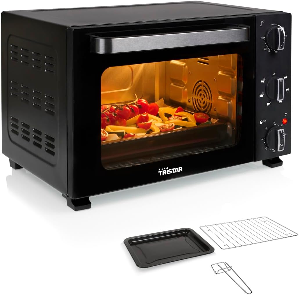 Tristar Horno de convección, Convección, 27L Capacidad, 1500W, 6 Funciones, Temporizador 90 Min, Termostato 90, 230 °C, Puerta Doble Cristal, Luz