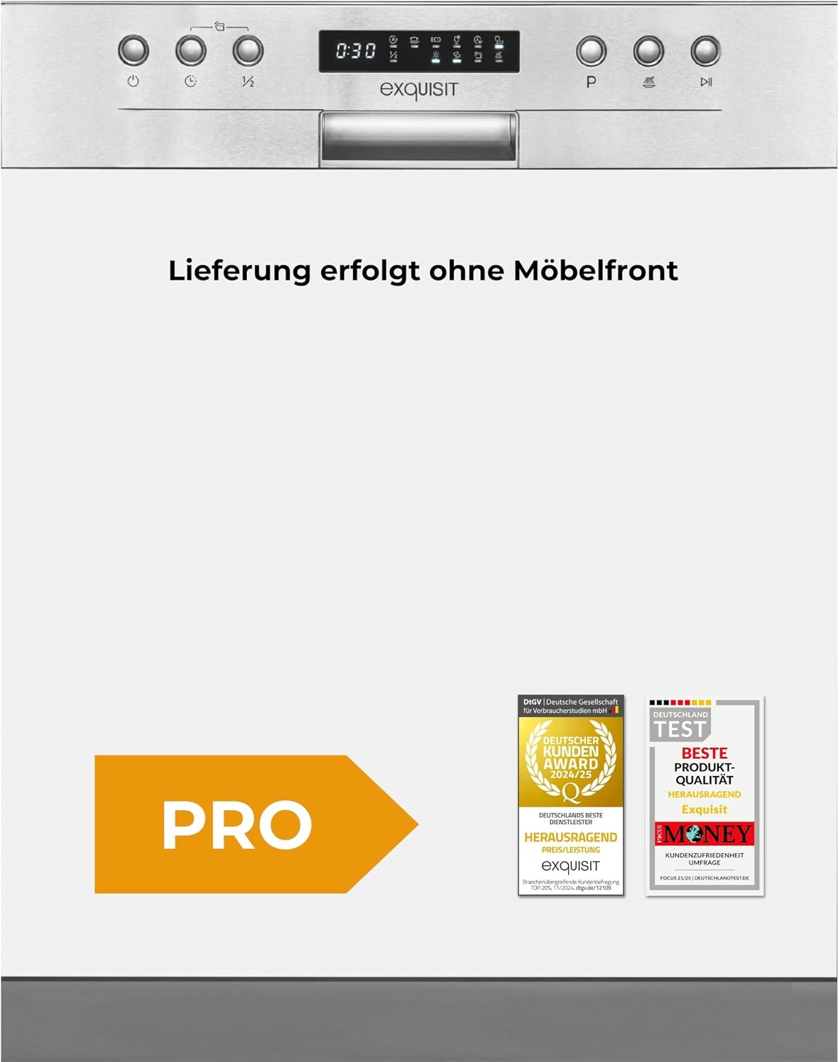 Exquisit Lavavajillas, EGSP9414-EB-030D Teilintegrierter Geschirrspüler, 60 cm breit, 14 Maßgedecke, Aquastopp, 6 programas, Auto Door Open, Edelstahl