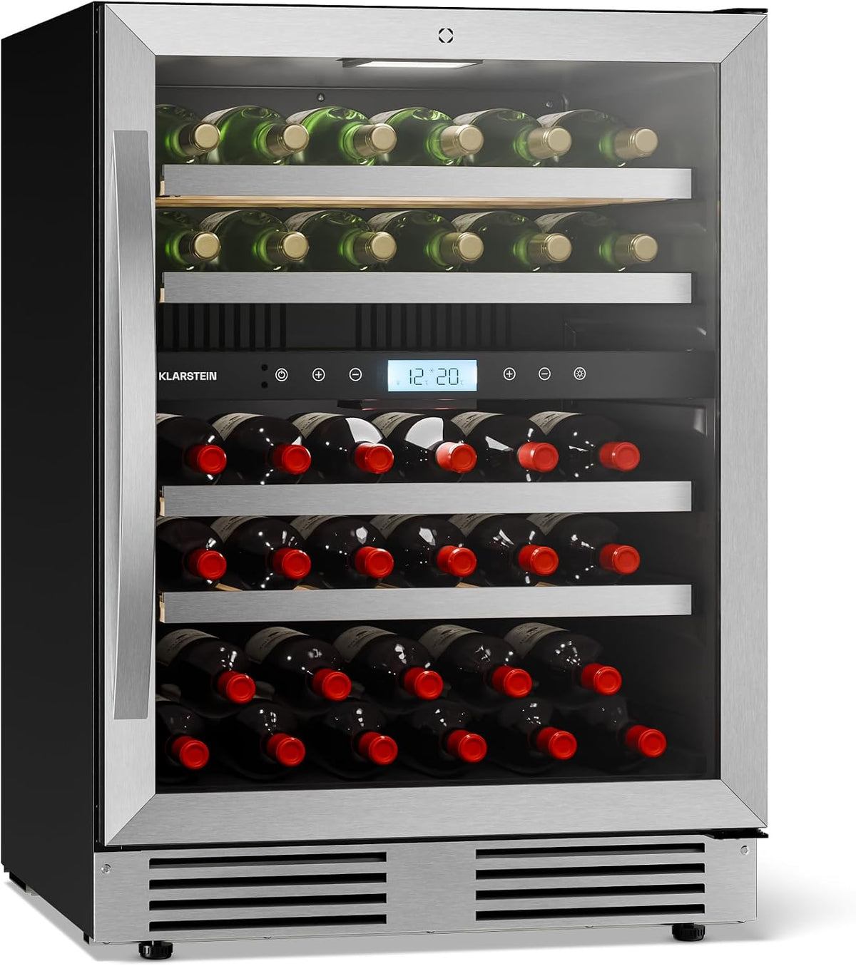 KLARSTEIN Frigoríficos para bebida, VeroSteel Frigorífico empotrable para vino - Enfriador de vino de 43 botellas de doble zona, puerta de cristal UV