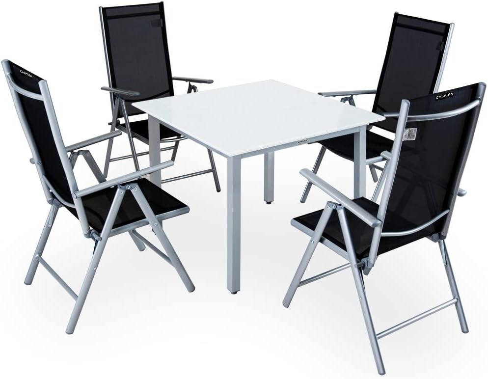 CASARIA Juegos de comedor, ® Comedor de Jardín Bern 4+1 Aluminio 1 Mesa 90x90 y 4 Sillas Plegables 8 Posiciones Plata 5Pzs