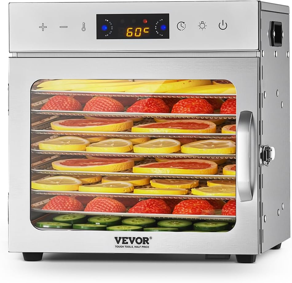 VEVOR Deshidratador, de Alimentos 8 Bandejas de Acero Inoxidable Secador de Alimentos Eléctrico 400 W con Temperatura Ajustable y Temporizador de 24