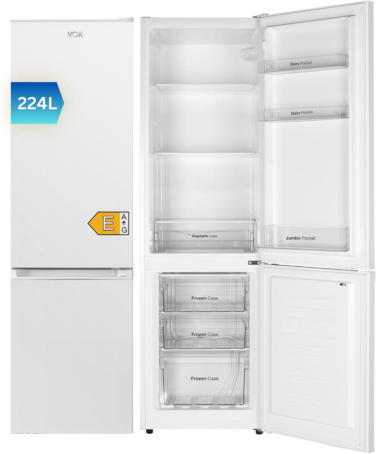 EVR-224DEW de VOK, frigorífico combi, 224L, 170 cm Alto x 54.5 cm Ancho, Puerta Reversible, Bajo Nivel Sonoro 39 dB, Clase E, Cajón Verdulero, Blanco