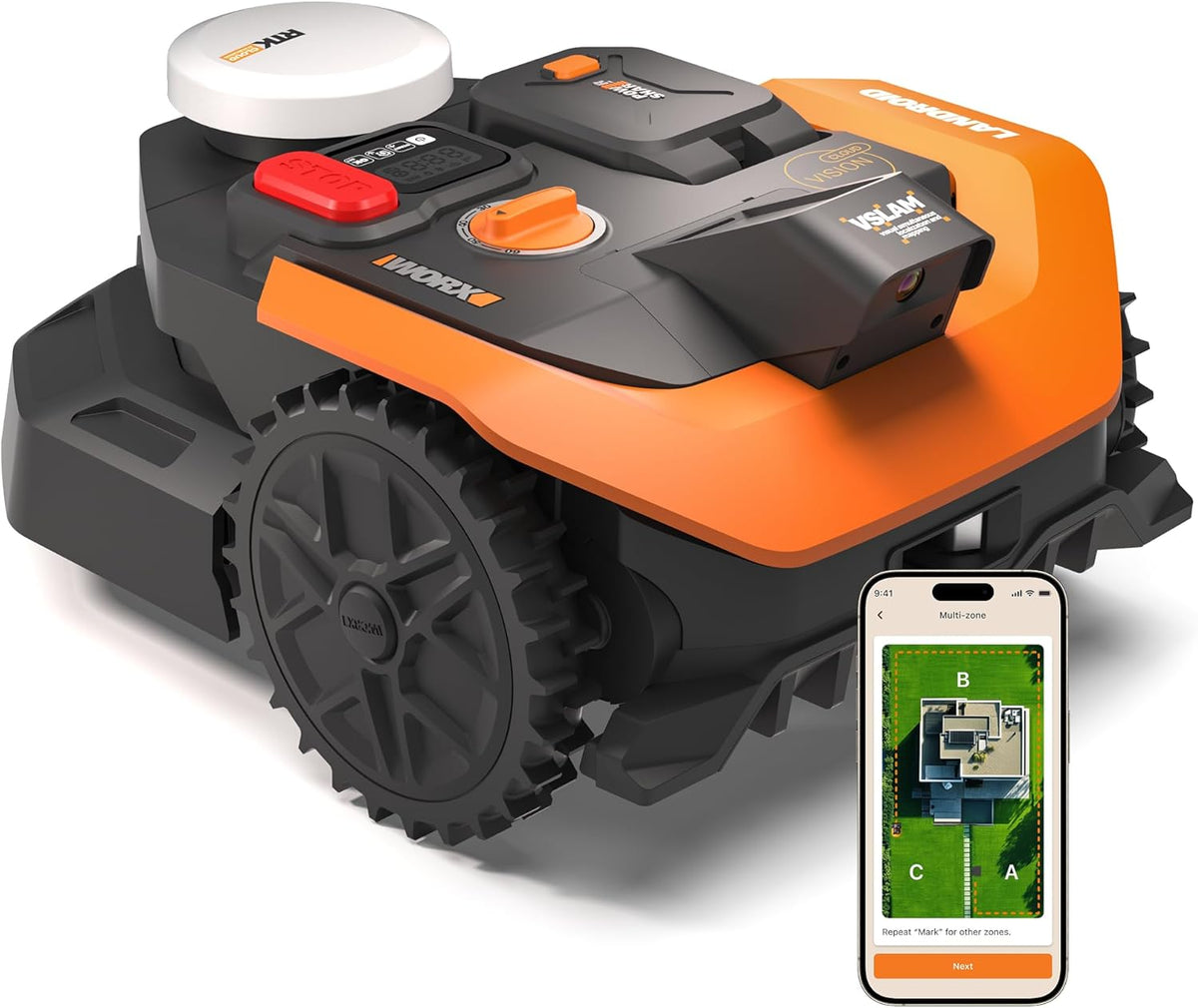 WORX Robots cortacésped, WR303E Landroid Vision Cloud Robot Cortacésped Sin Cable Perimetral hasta 300 m² con IA, Navegación VSLAM+RTK, Mapeo
