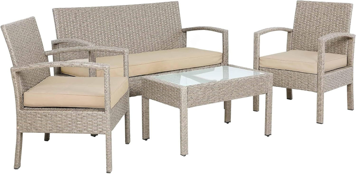 Juegos de conversación de CASARIA, Conjunto de Muebles Jardín 4 Piezas Poliratán Mesa Cristal Gris
