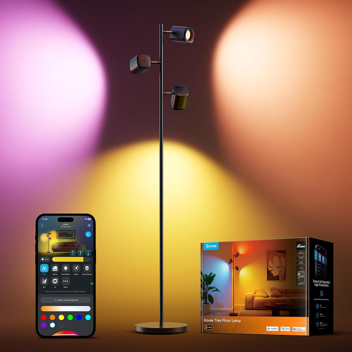 Lámparas de pie LED Lámpara de Pie RGBWW, Ángulo Ajustable Lámpara Pie 1500 lm 157cm, Govee