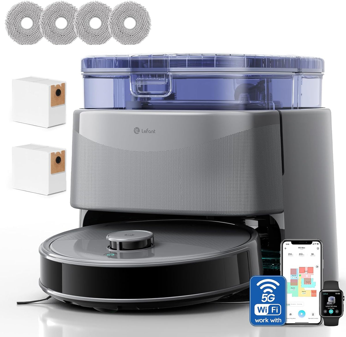 Lefant Robot aspirador, M3 Ultra Robot Aspirador y Fregasuelos, 23000 Pa, 210 min, Recolección automática de Polvo, Navegación LiDAR, Mapeo de Suelos