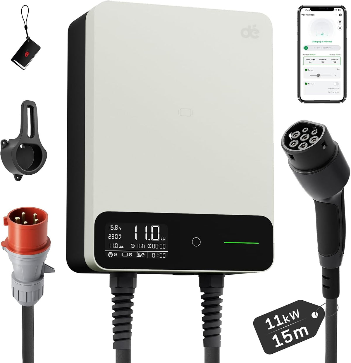 Estaciones de carga dé, Tipo 2 Wallbox 11kW con APP y RFID, EV cargador 3 fases 400V de 6-16A con cable de carga de 15m y soporte para BEV/PHEV