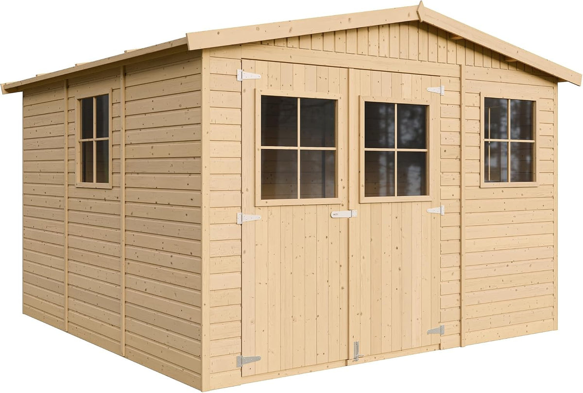 Cobertizos de almacenamiento TIMBELA, Caseta de Jardín Exterior de Madera 9 m², Cobertizo para Bicicletas, Caseta de Almacenamiento, Pared de 17 mm