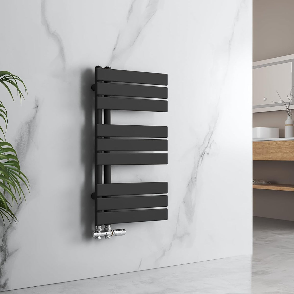 Calientatoalla Radiador de baño, toallero, 762 x 400 mm, conector lateral, plano, calentador de toallas, radiador para baño, color negro, 342 W, EMKE