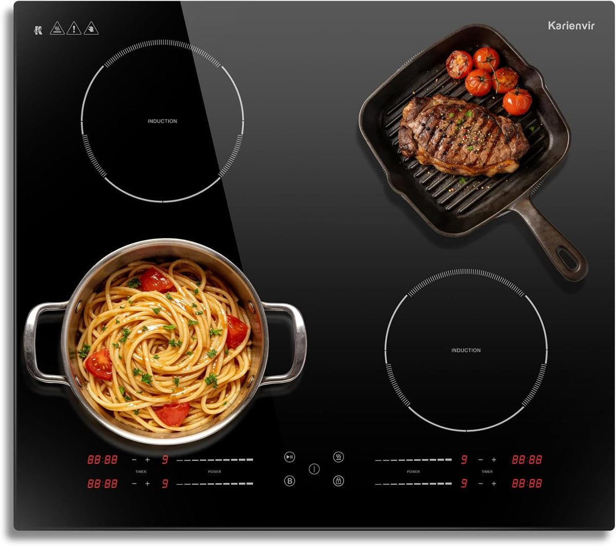 Placa de cocina Inducción 4 Fuegos Empotrable con Boost, 60cm, 7200W, Enchufe, Karienvir