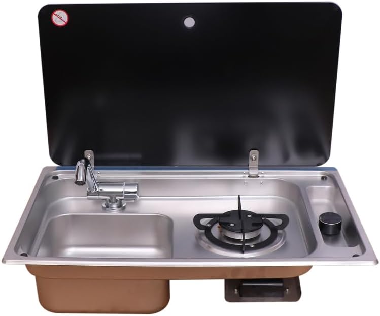 KMLai Placa de cocina, Combinación de cocina de gas con tapa de acero inoxidable universal para exteriores, barco, caravana, autocaravana
