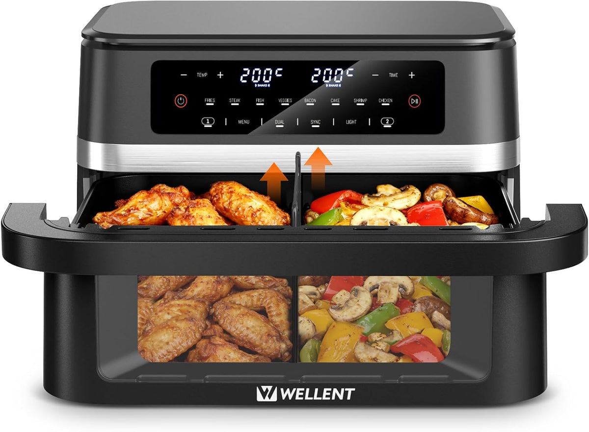 WELLENT Freidora de aire, Freidora Aire 12L 2950W Doble Zona con Divisor Extraíble, 8 en 1 Air Fryer con Función de Sincronización & Recordatorio de