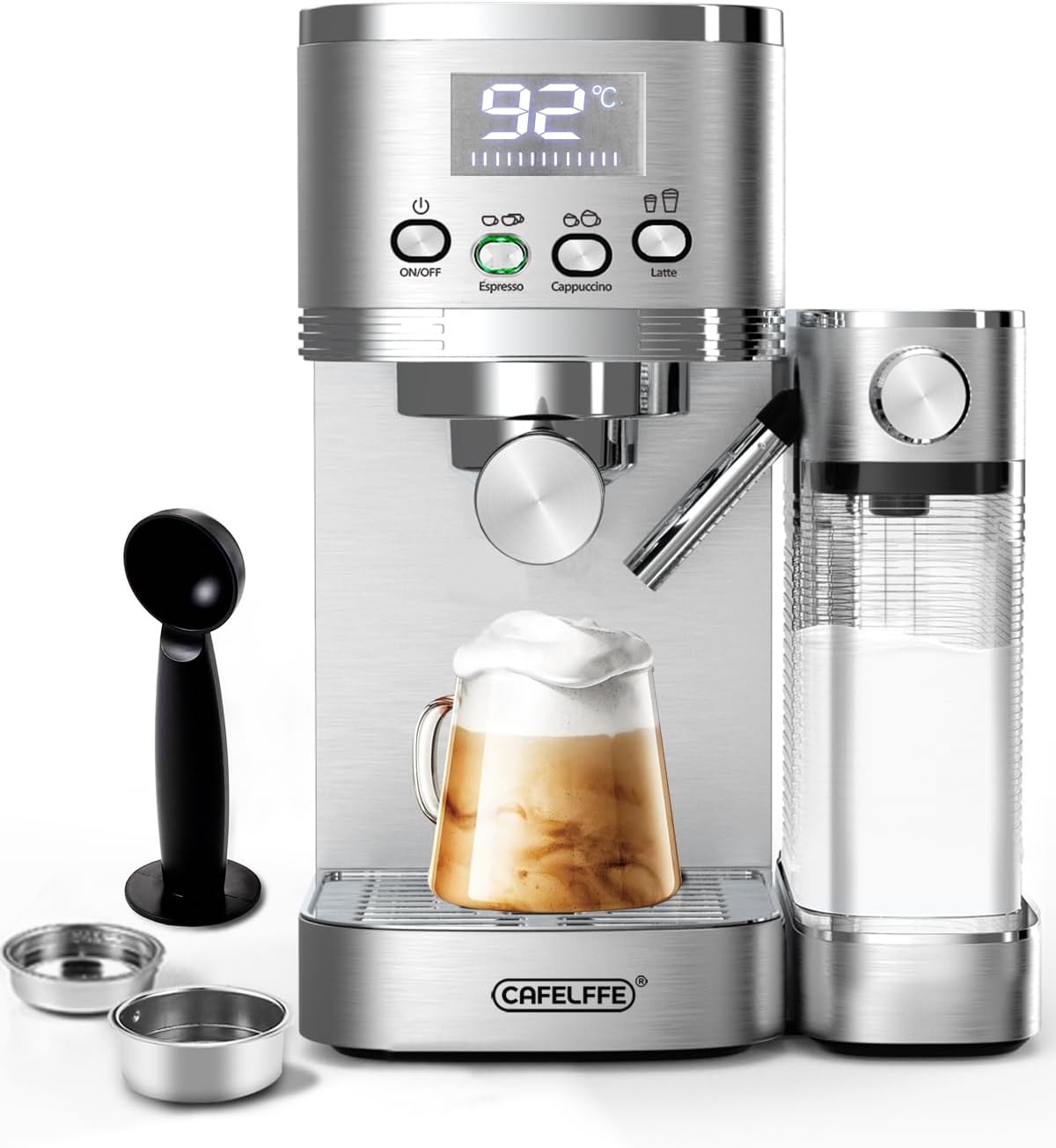 Cafeteras individual de CAFELFFE, ® Cafetera de espresso 6 en 1, portafiltros con depósito de leche, máquina automática de capuchino con autolimpieza