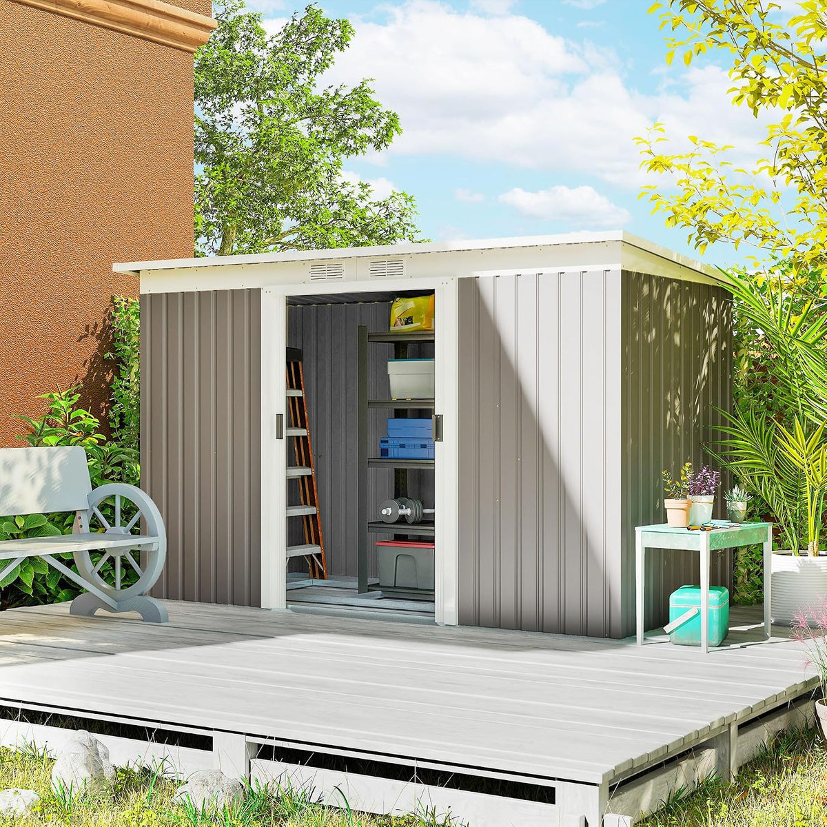 Cobertizos de almacenamiento Outsunny, Caseta de Jardín Exterior 3, 2 m² 280x130x172 cm, Gris Claro